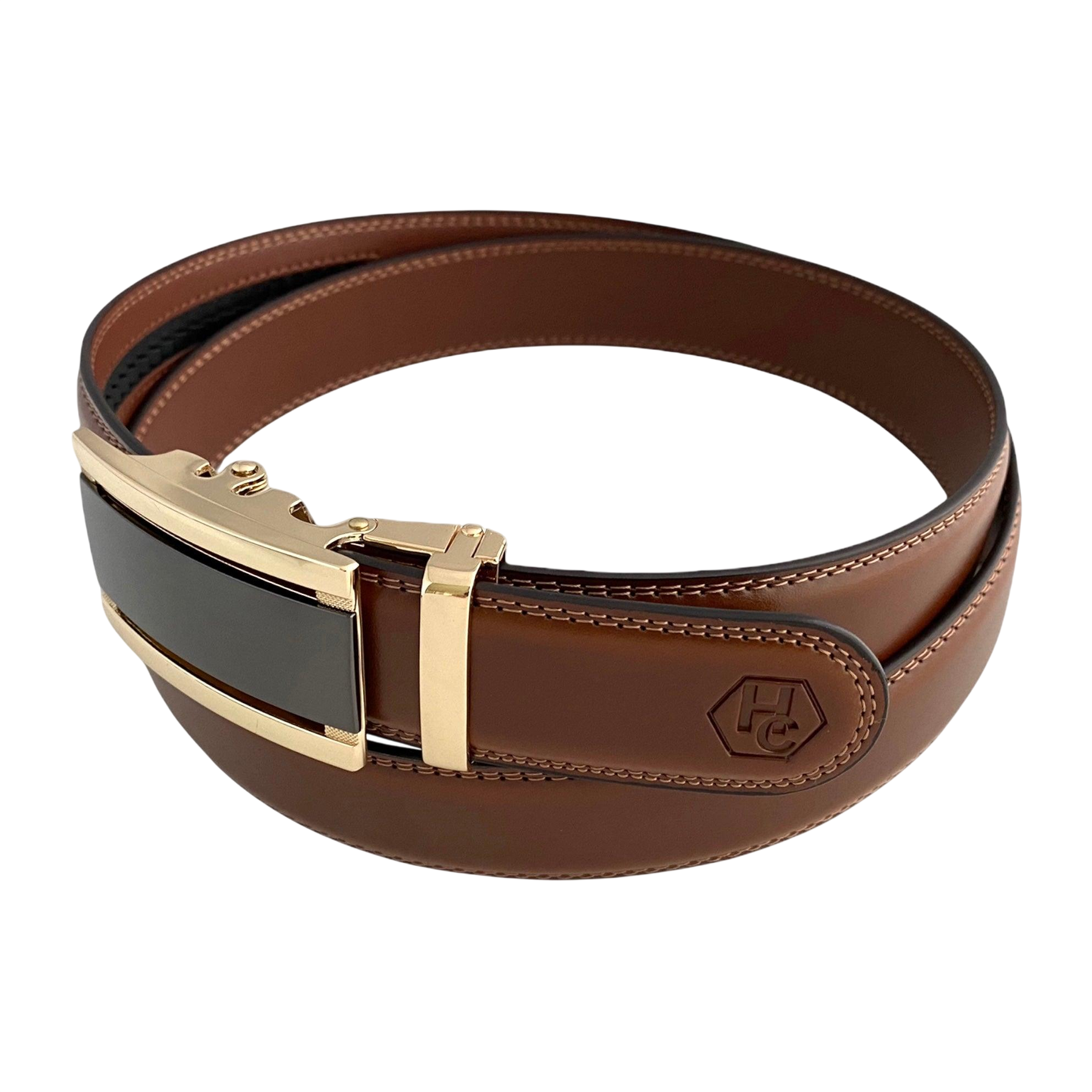 Gold and black saffiano-effect automatic belt buckle, 1.15 inch, hardware close-up