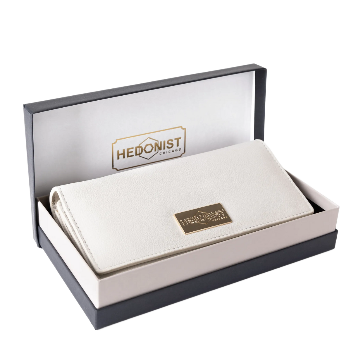 Gray leather trifold wallet presented in Hedonist Chicago branded gift box