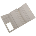 Gray leather trifold wallet open showing card slots, zip compartment, and ID window