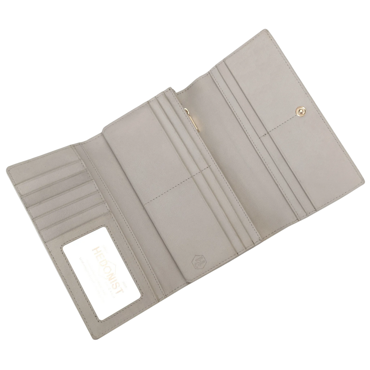 Gray leather trifold wallet open showing card slots, zip compartment, and ID window