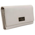 Gray leather trifold wallet for women closed, gold-tone Hedonist Chicago plaque on front