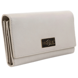 Gray leather trifold wallet for women closed, gold-tone Hedonist Chicago plaque on front