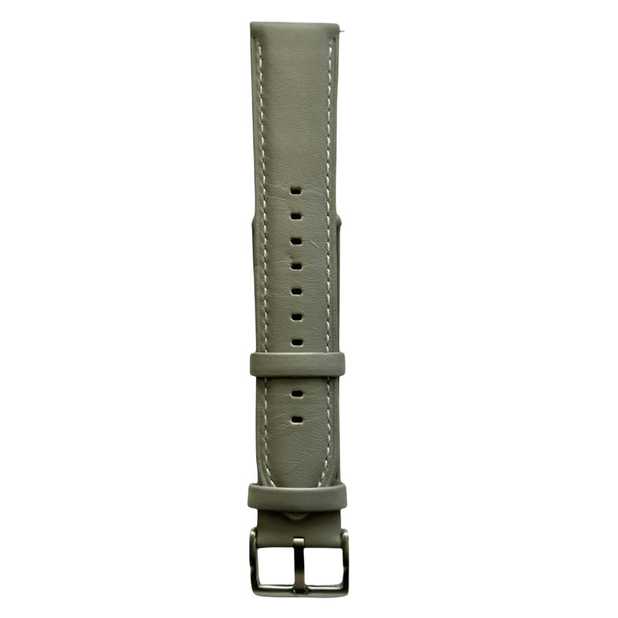 Gray leather watch band with quick release bars, quick release buckle detail