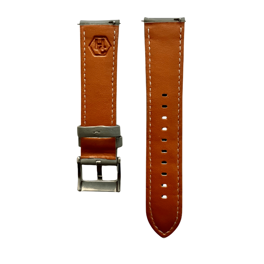 Gray leather watch band with quick release bars, close-up detail