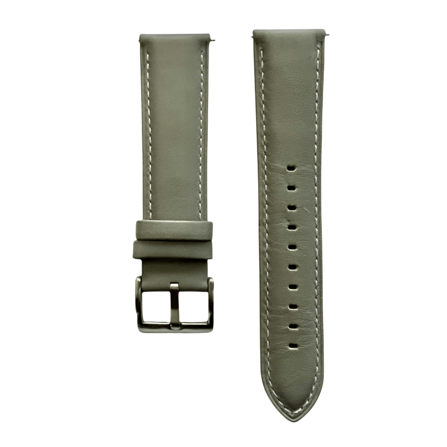 Gray leather watch band with quick release bars, front view