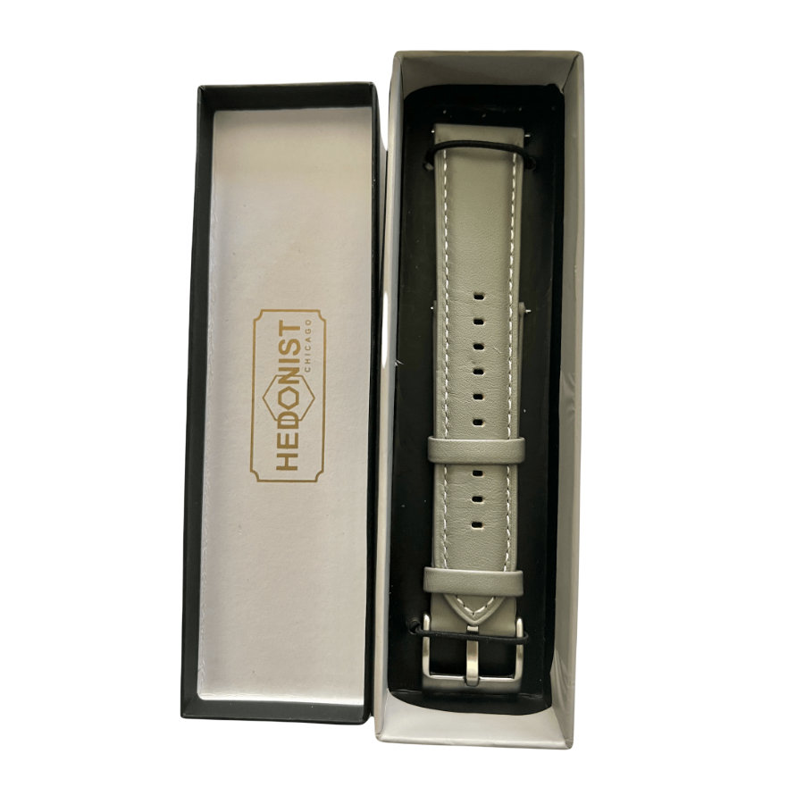 Gray leather watch band with quick release bars, side view