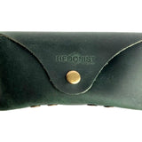 Soft Leather Eye Glasses Case in Dark Green, closed, front view with embossed Hedonist logo and snap closure