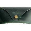 Soft Leather Eye Glasses Case in Dark Green, closed, front view with embossed Hedonist logo and snap closure