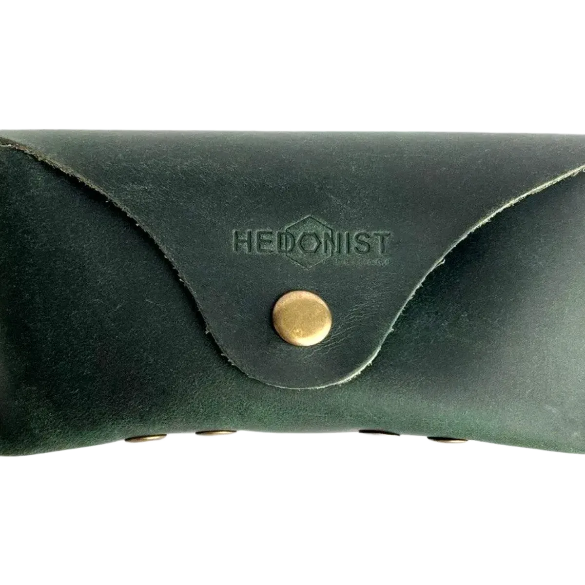 Soft Leather Eye Glasses Case in Dark Green, closed, front view with embossed Hedonist logo and snap closure