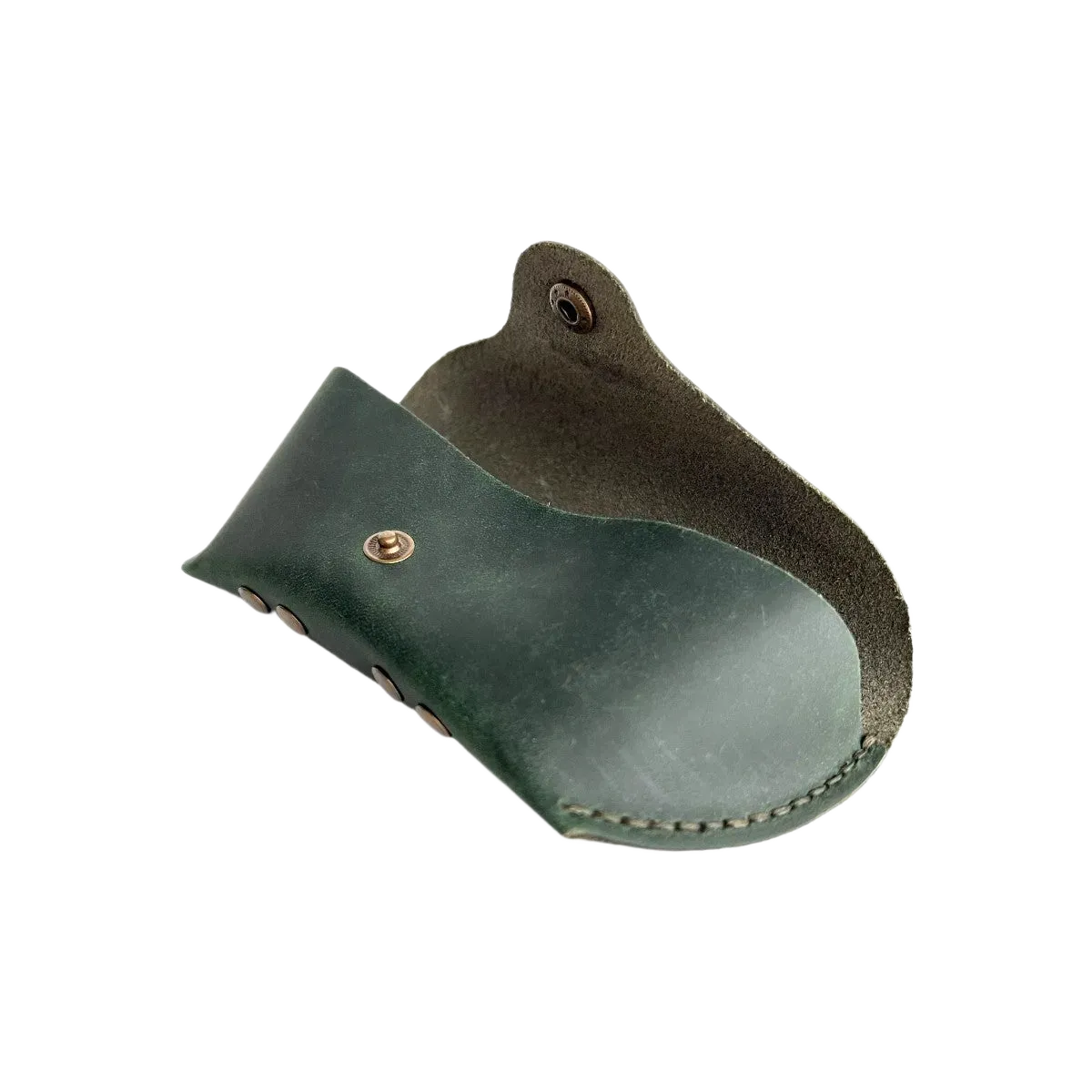 Soft Leather Eye Glasses Case in Dark Green, open, angled top view showing interior