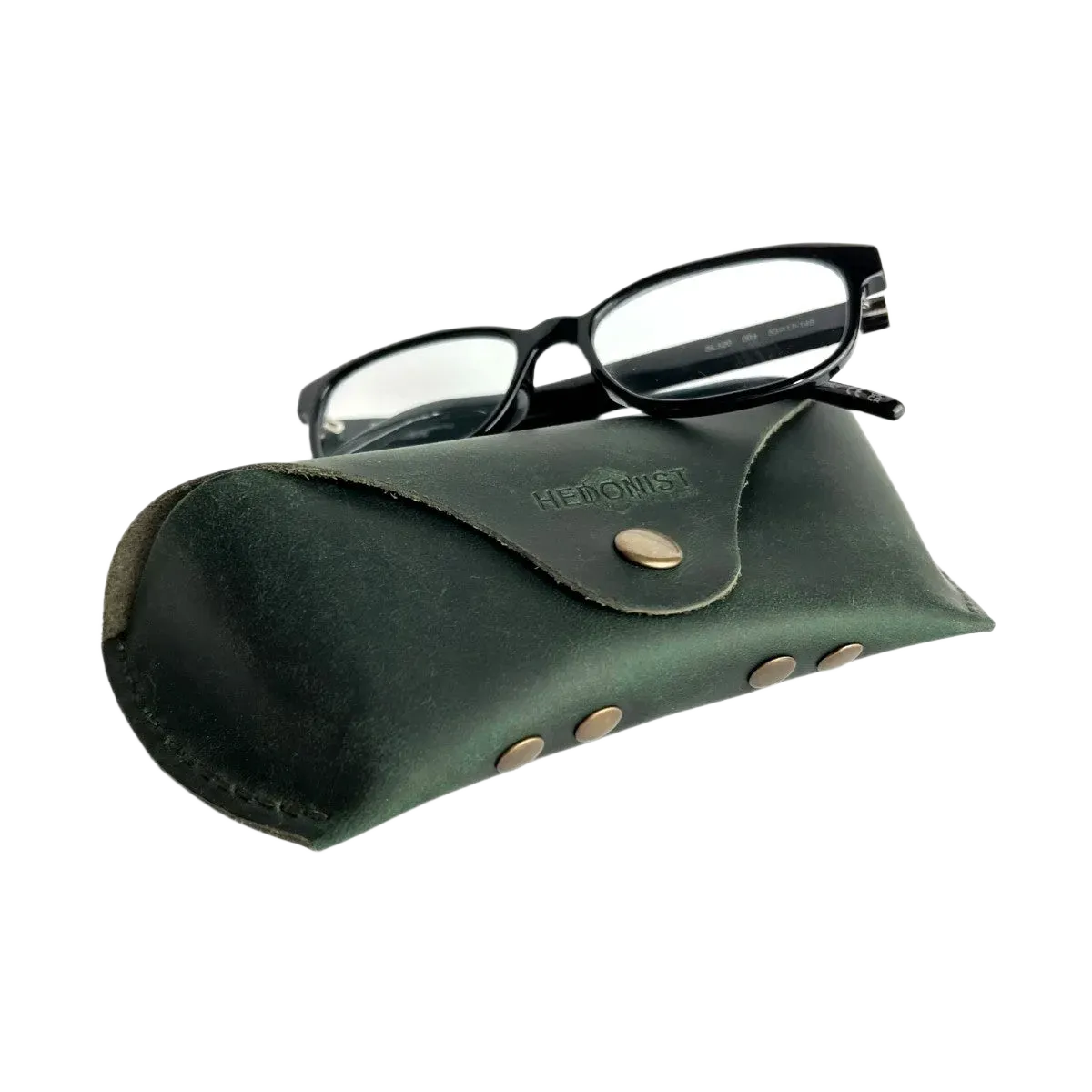 Soft Leather Eye Glasses Case in Dark Green with black-framed eyeglasses resting on top