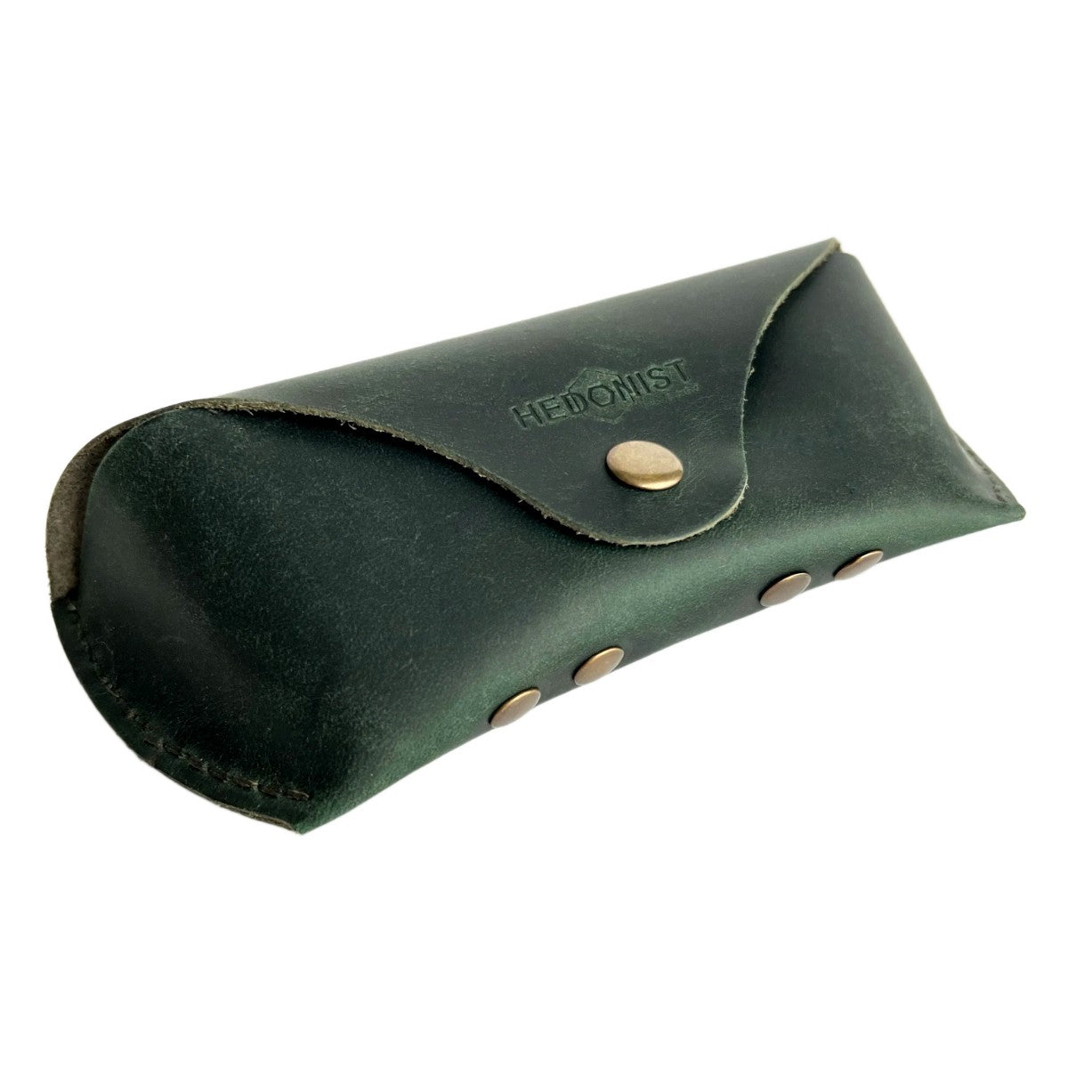 Soft Leather Eye Glasses Case in Dark Green, angled view showing stitched edge and rivets