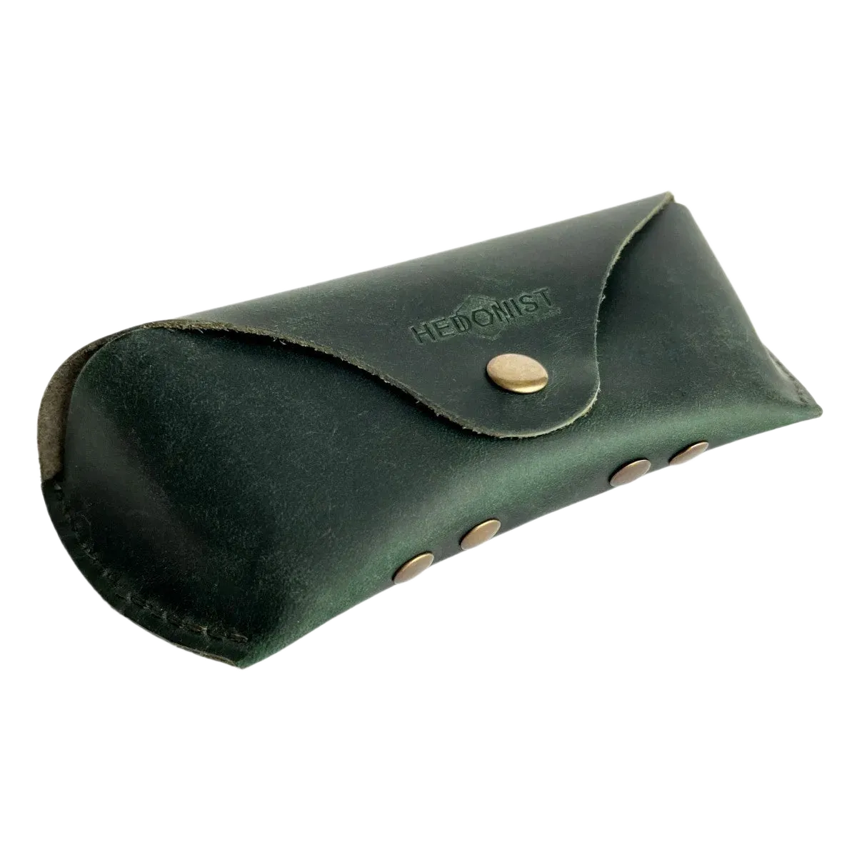 Soft Leather Eye Glasses Case in Dark Green, angled view showing stitched edge and rivets