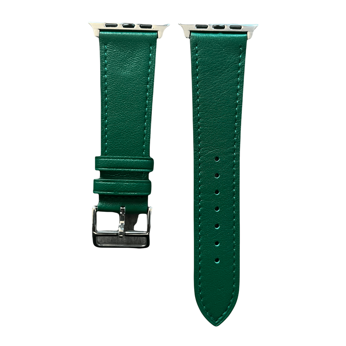 Green leather Apple Watch band, two-piece strap with buckle and holes