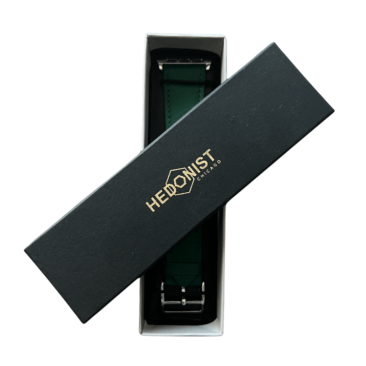 Green leather Apple Watch band, presented in gift box