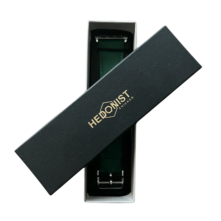 Green leather Apple Watch band, presented in gift box