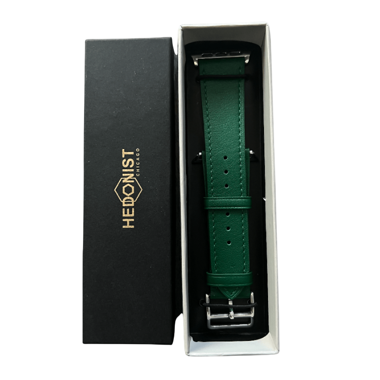 Green leather Apple Watch band, packaging close-up
