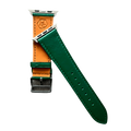 Green leather Apple Watch band, side view with stainless steel lugs