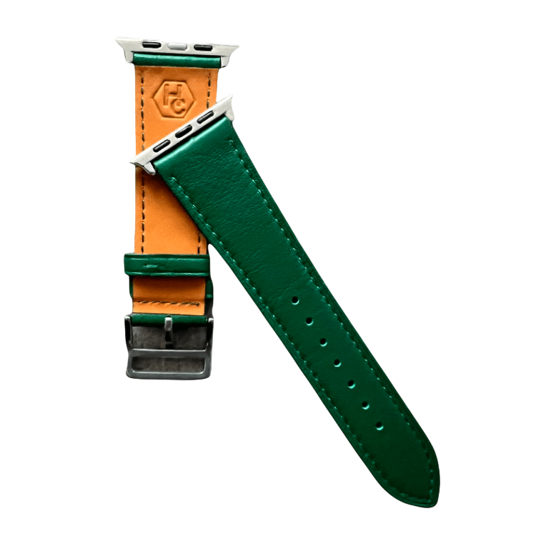 Green leather Apple Watch band, side view with stainless steel lugs