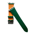 Green leather Apple Watch band, side view with stainless steel lugs