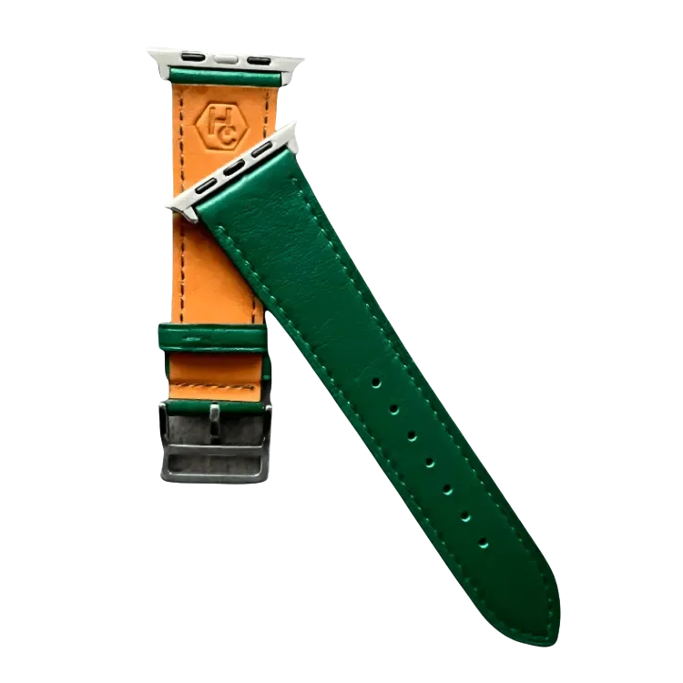 Green leather Apple Watch band, side view with stainless steel lugs