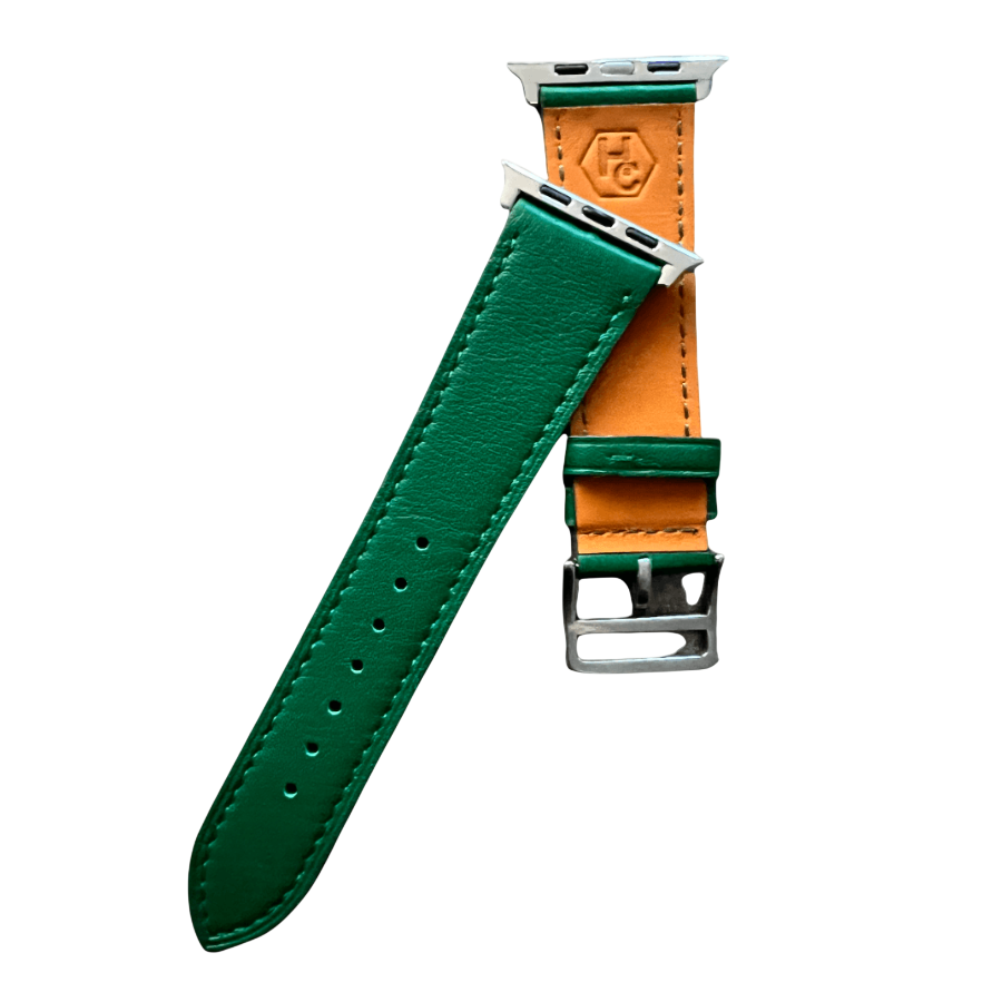 Green leather Apple Watch band, connector and stitching detail