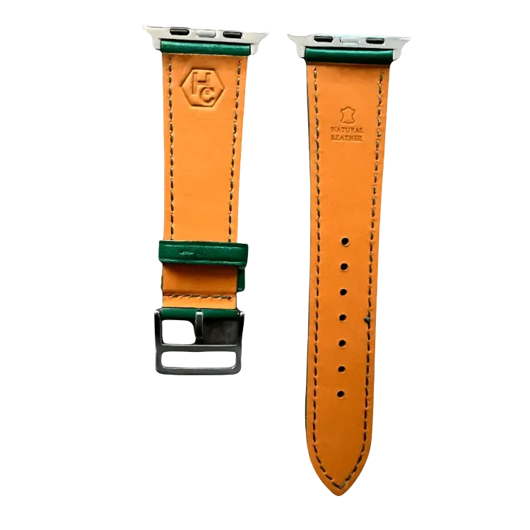 Green leather Apple Watch band, texture and buckle detail close-up
