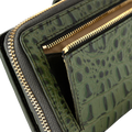 Back view of green croco-embossed leather travel wallet with gold-tone hardware