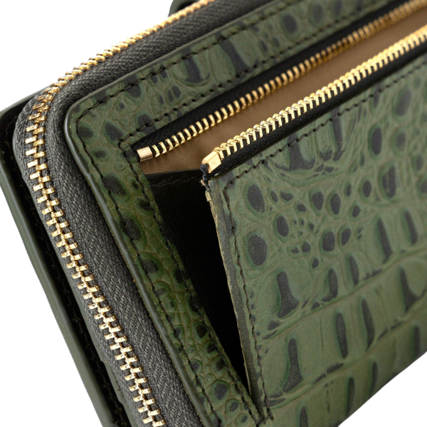 Back view of green croco-embossed leather travel wallet with gold-tone hardware