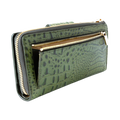 Rear coin zip compartment detail on the green croco-embossed leather travel wallet