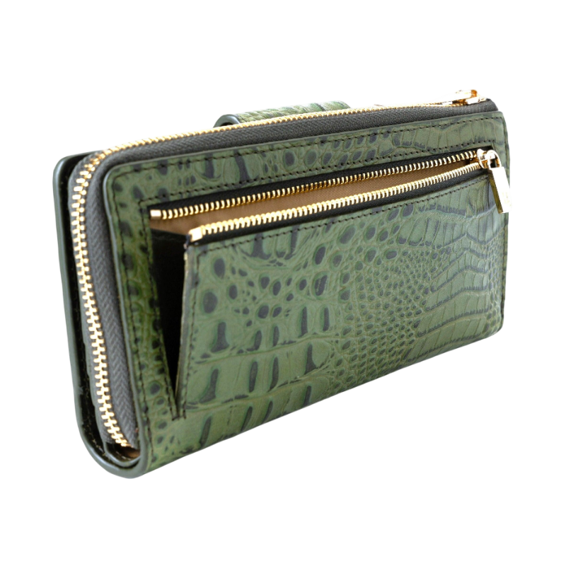 Rear coin zip compartment detail on the green croco-embossed leather travel wallet