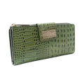 Green croco-embossed leather travel wallet closed, front view with zip-around closure