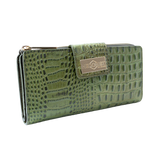 Green croco-embossed leather travel wallet closed, front view with zip-around closure