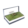 Green croco-embossed leather travel wallet presented in Hedonist Chicago branded gift box