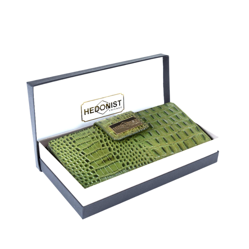 Green croco-embossed leather travel wallet presented in Hedonist Chicago branded gift box