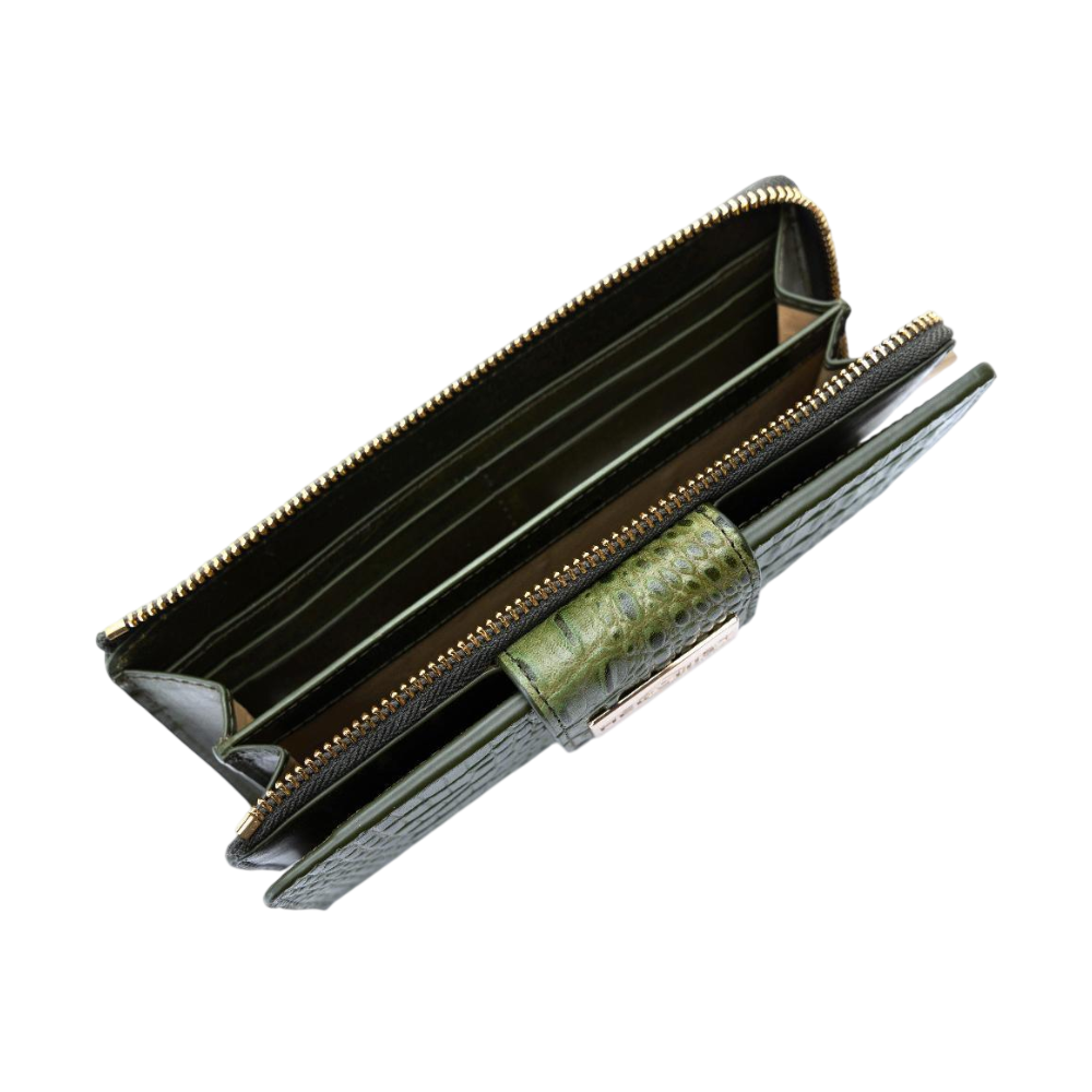 Top view of green croco-embossed leather travel wallet interior with multiple slots and zip compartments