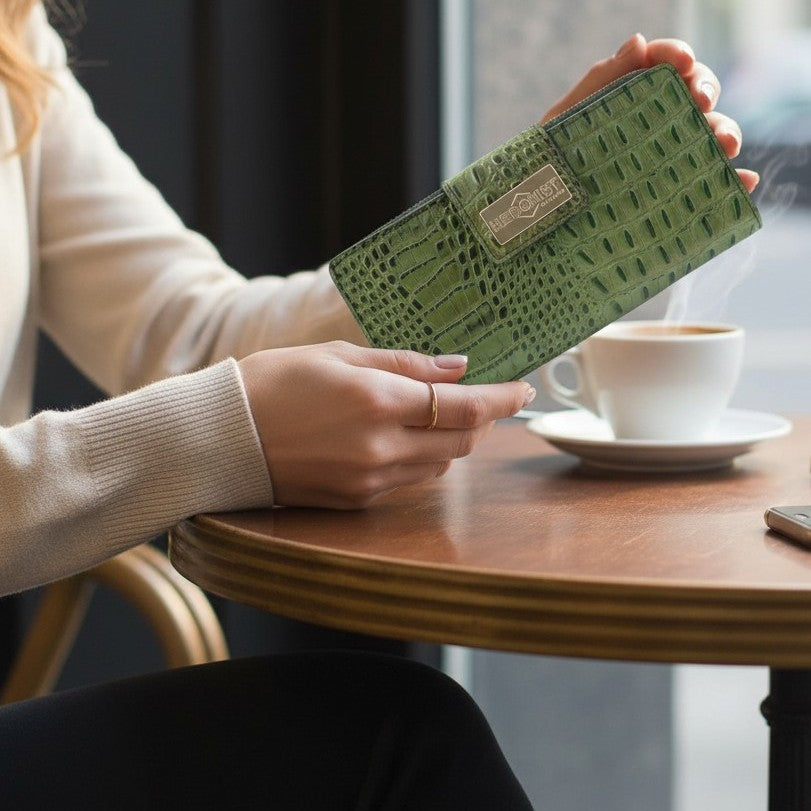 Woman holding the green croco-embossed leather travel wallet with coffee on a table