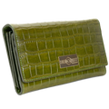 Green croco-embossed leather trifold wallet for women closed, front view