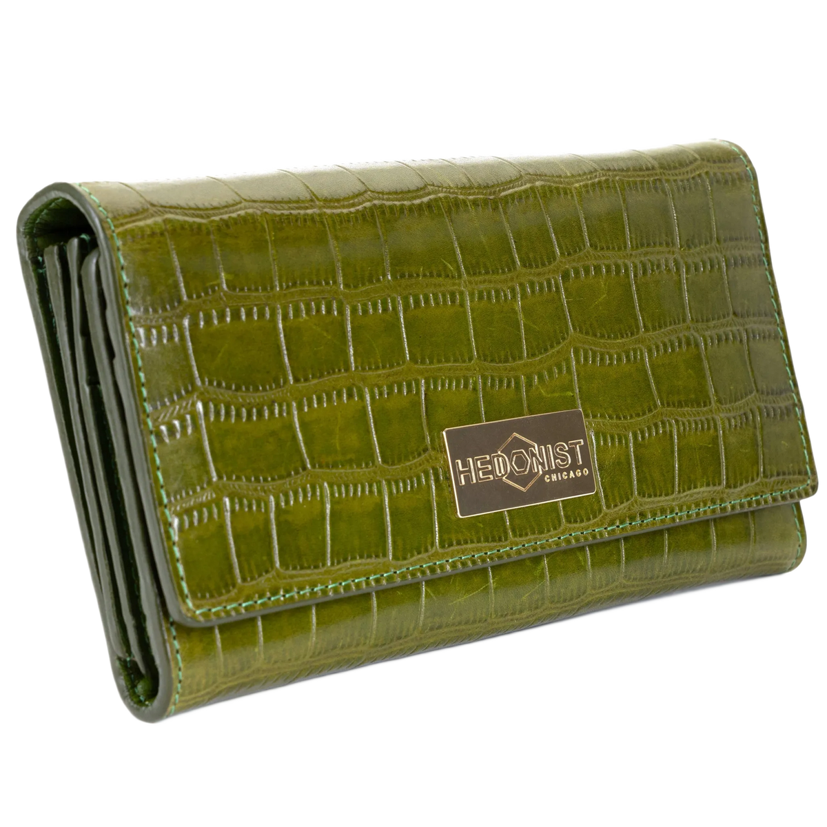 Green croco-embossed leather trifold wallet for women closed, front view