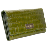 Green croco-embossed leather trifold wallet for women closed, front view