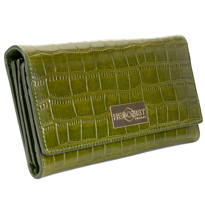 Green croco-embossed leather trifold wallet for women closed, front view