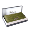Green croco-embossed leather trifold wallet presented in Hedonist Chicago branded gift box
