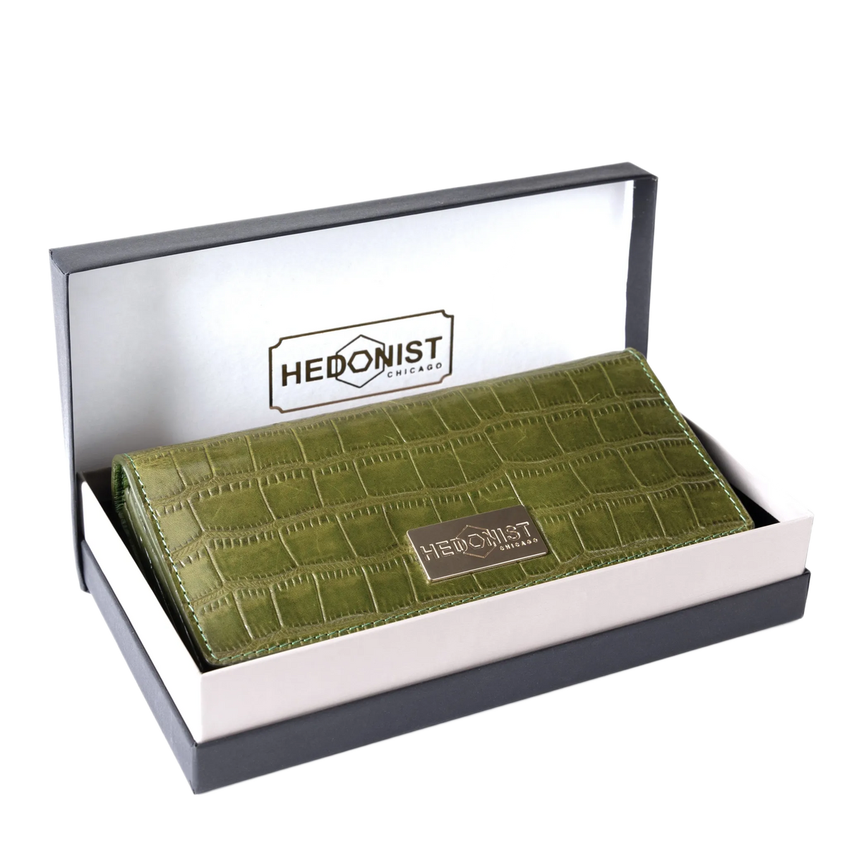 Green croco-embossed leather trifold wallet presented in Hedonist Chicago branded gift box