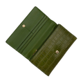 Green croco-embossed leather trifold wallet open showing card slots and gold-tone hardware