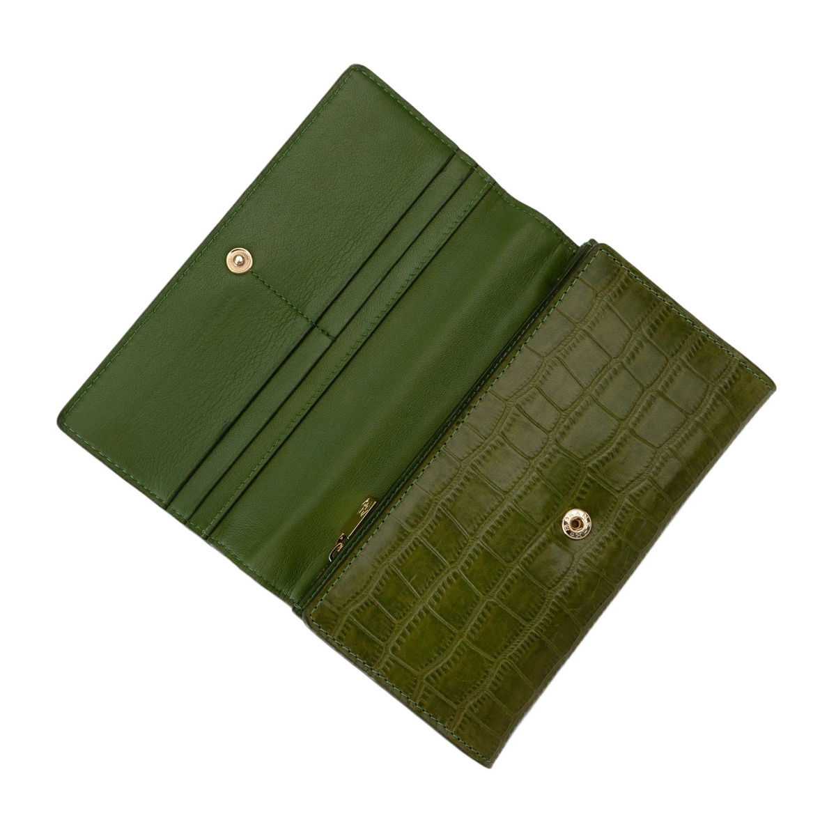 Green croco-embossed leather trifold wallet open showing card slots and gold-tone hardware