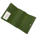 Green croco-embossed leather trifold wallet open showing card slots and zip compartment