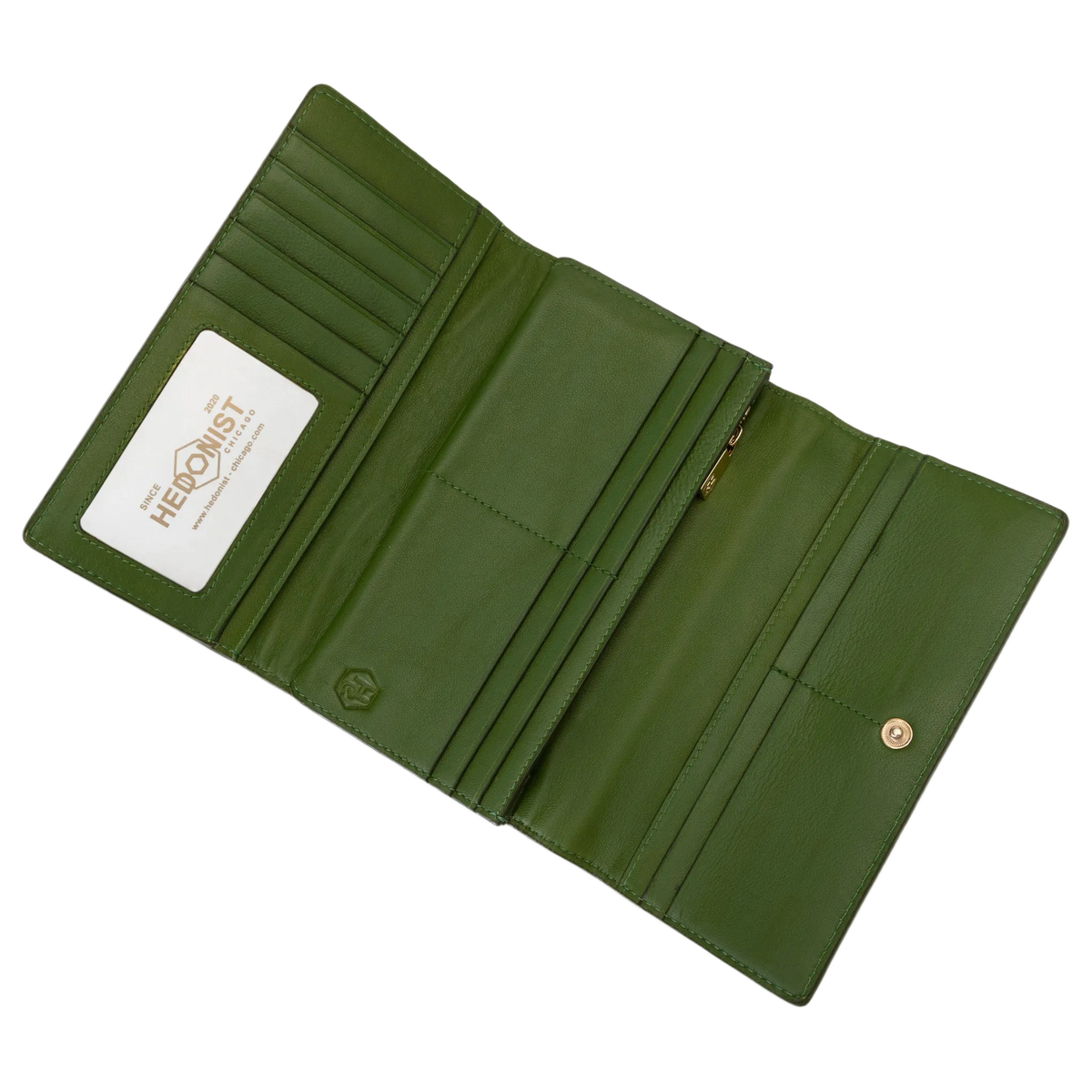 Green croco-embossed leather trifold wallet open showing card slots and zip compartment