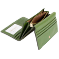 Green croco-embossed leather trifold wallet open showing zip compartment and ID window