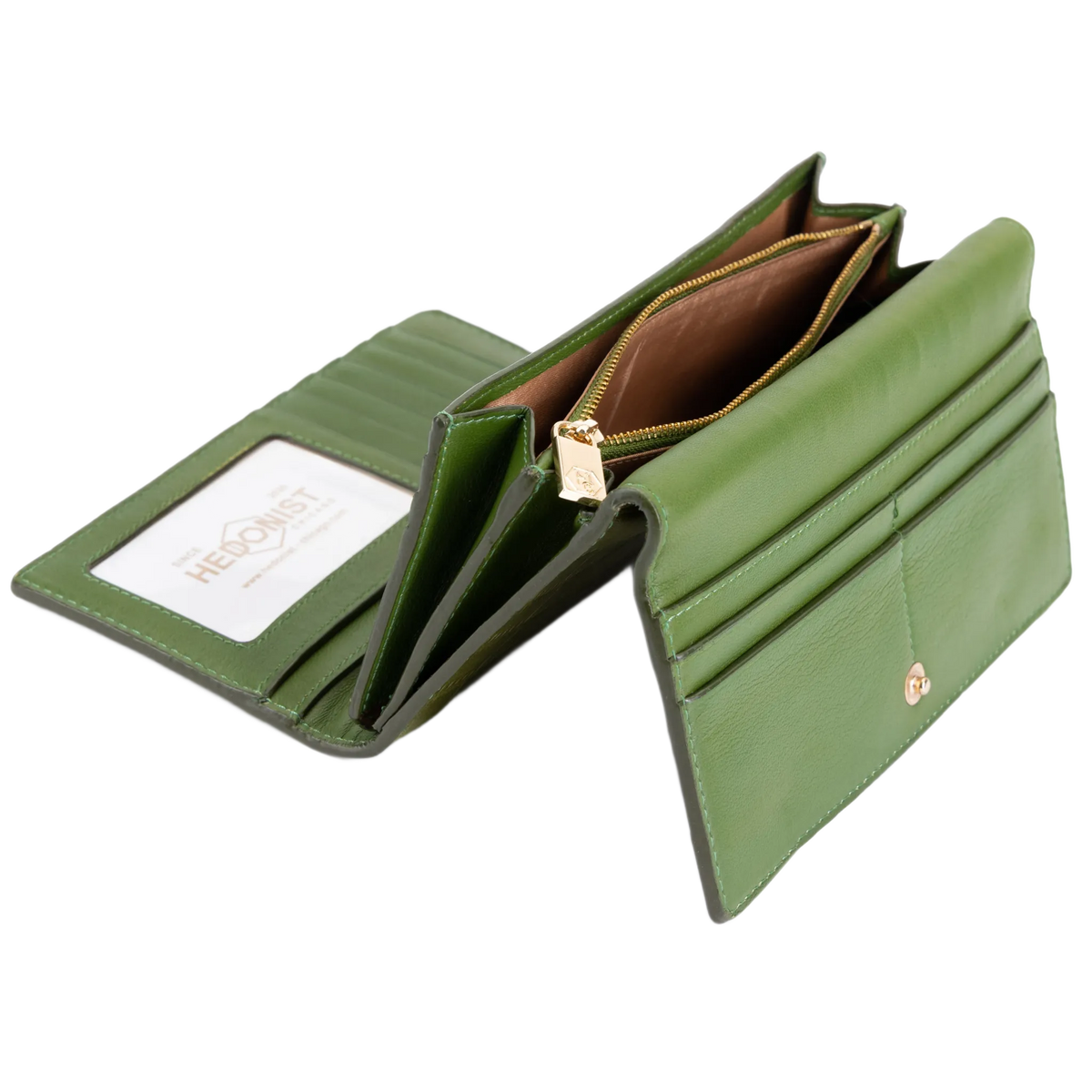 Green croco-embossed leather trifold wallet open showing zip compartment and ID window