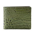 Green bifold wallet with a crocodile-embossed texture and a small debossed logo on the bottom right, shown against a plain white background.